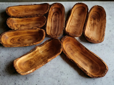 9-pack Handcarved Oblong wooden Dough Bowls with Barks. Unique 9x4x1.5" Bark edges Decor Bowls.Gift items.wholesale availability.wax vessels