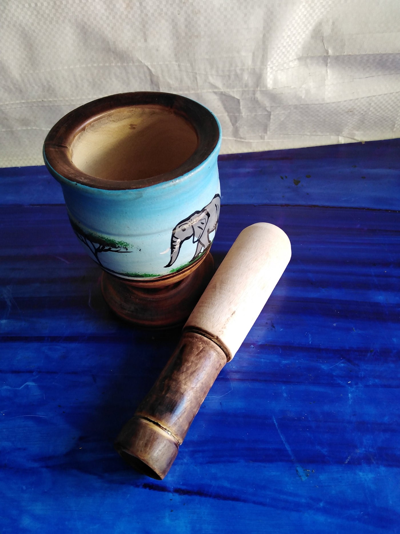 Wholesale Artistic Personalised and Painted Decorative Pestle and Mortar. Handmade African Solid wood  for Herbs and spices. Set of Four.