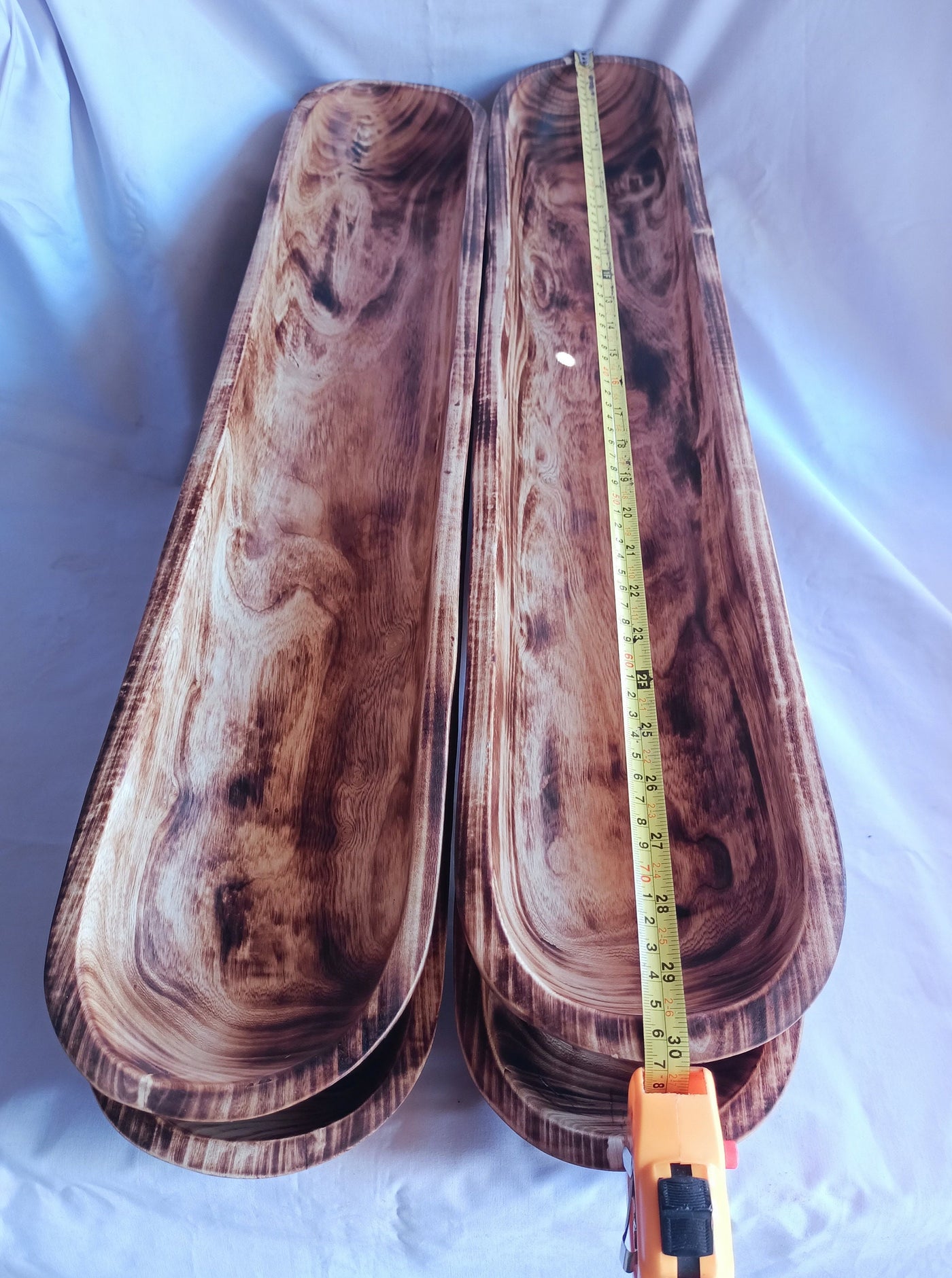 Large Extra long carved skinny wooden Dough Bowls set of 3. Trencher centerpiece Tray. 30×4-6"primitive Decor Bowls.The Special Candle Bowls