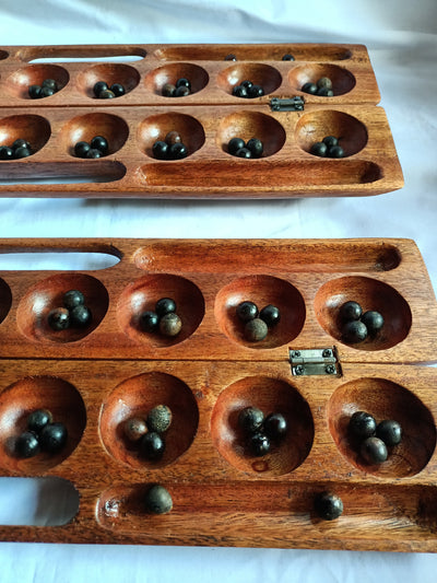 Handmade Mancala Board Game-Personalized.Dark-Brown  Hardwood BAO Game.Traditional Ajua Game.Hawalis Game of Oman.with Black Natural seeds