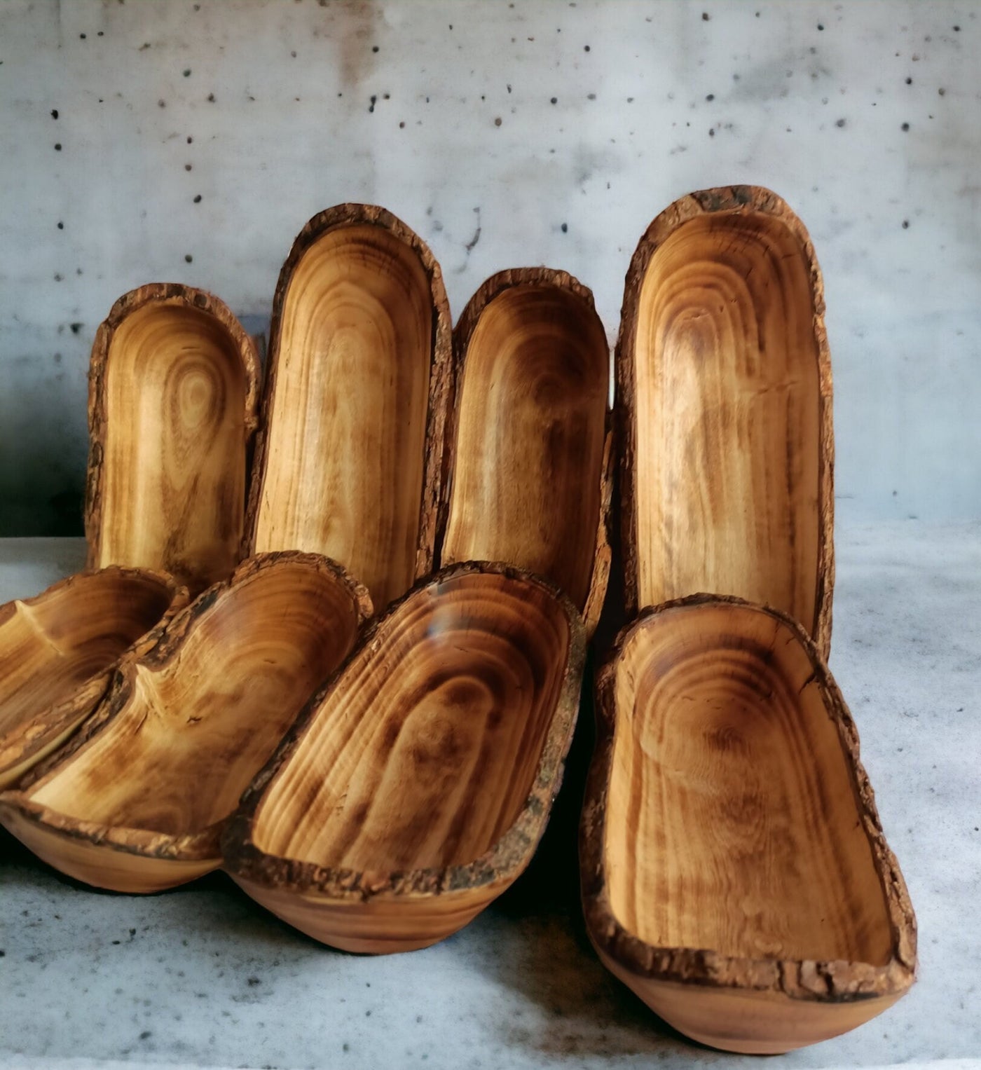 9-pack Handcarved Oblong wooden Dough Bowls with Barks. Unique 9x4x1.5" Bark edges Decor Bowls.Gift items.wholesale availability.wax vessels