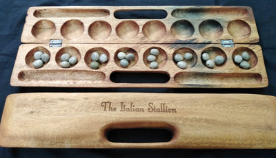 Laser engraved Mancala Board Game-Personalized.Inscribed Hardwood Bao Game. Traditional Ajua Game.Hawalis Game of Oman. with Sago palm seeds