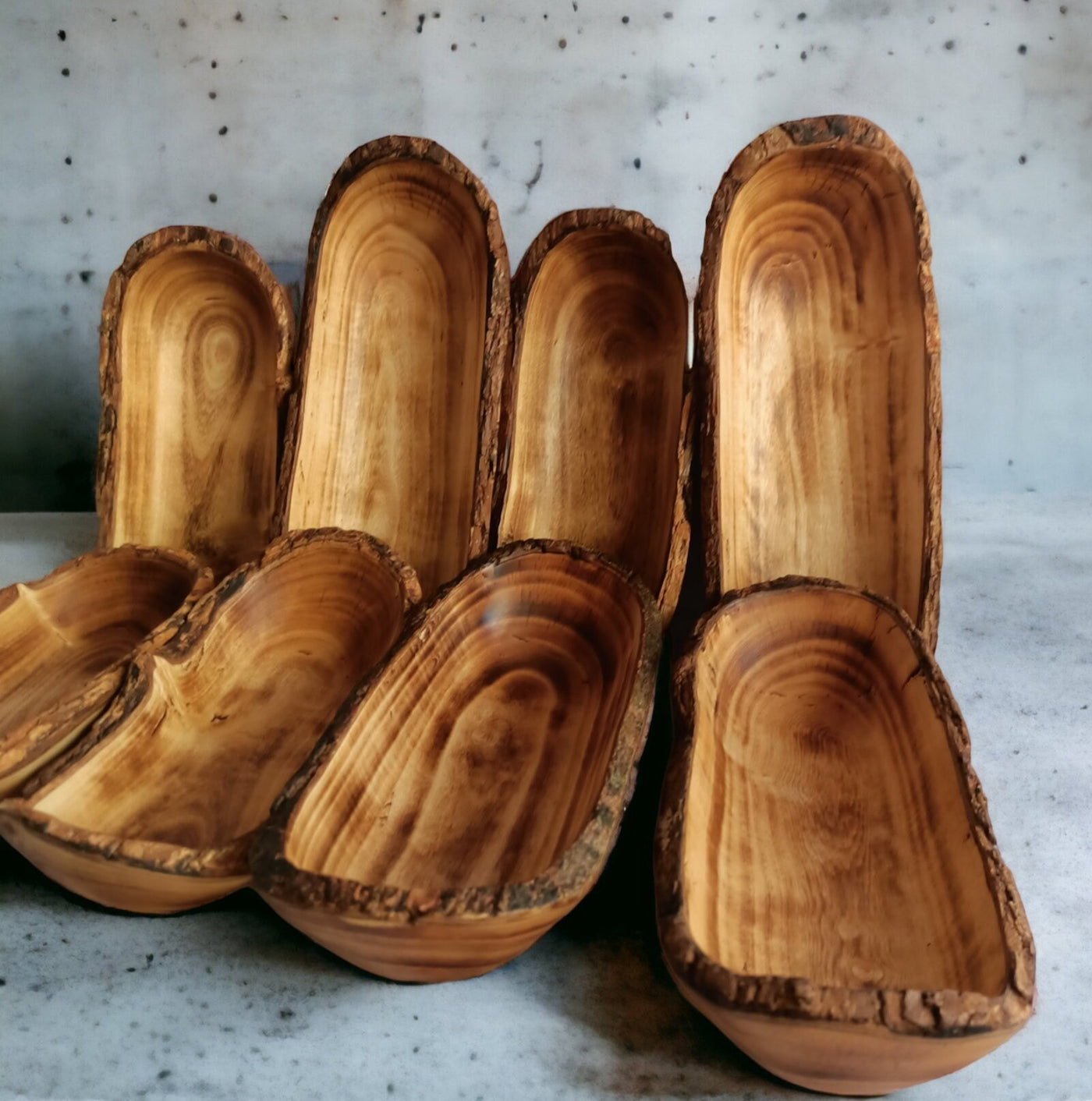 9-pack Handcarved Oblong wooden Dough Bowls with Barks. Unique 9x4x1.5" Bark edges Decor Bowls.Gift items.wholesale availability.wax vessels