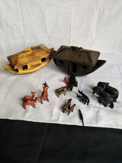 Handmade Wooden Noah's Ark  with a set of animals in twos. Noah's Ark Decor/center. Christmas Sunday Toy Gift