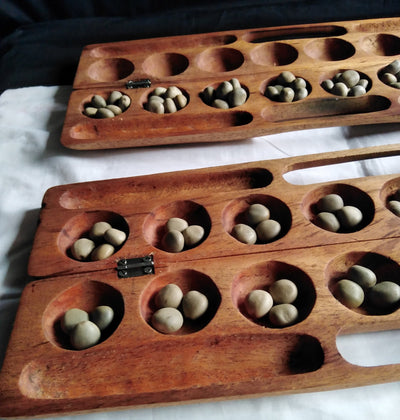 Laser engraved Mancala Board Game-Personalized.Inscribed Hardwood Bao Game. Traditional Ajua Game.Hawalis Game of Oman. with Sago palm seeds