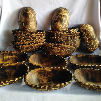 Bulk sale.Rare and Unique Girrafe pattern engraved Wooden Dough Candle Bowls sets of 10 with serrated edges. Wildlife theme multiuse Bowls