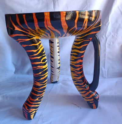 Beautiful Handmade Oval Wood enTiger Print 3 legged Stool with a handle. Modern Maasai Wildlife Themed Stool. Available in Bulk. Neo Senufo.