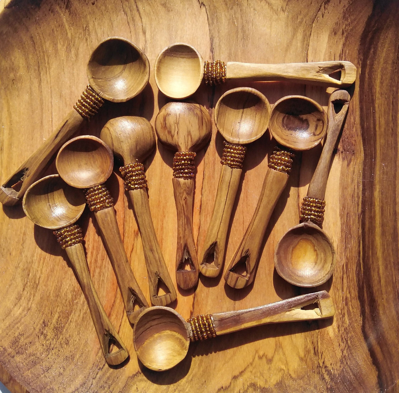 12 pieces of Olive wood with Brown Beads Spice, Salt and Sugar wooden spoons. A dozen Wood Condiments Spoons. Wholesale and Retail.