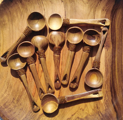 12 pieces of Olive wood with Brown Beads Spice, Salt and Sugar wooden spoons. A dozen Wood Condiments Spoons. Wholesale and Retail.