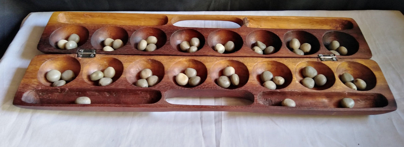 Handmade Mancala Board Game-Personalized.Dark Hardwood Bao Board Game.Traditional Ajua Game.Hawalis Game of Oman.with Sago palm seed/marbles