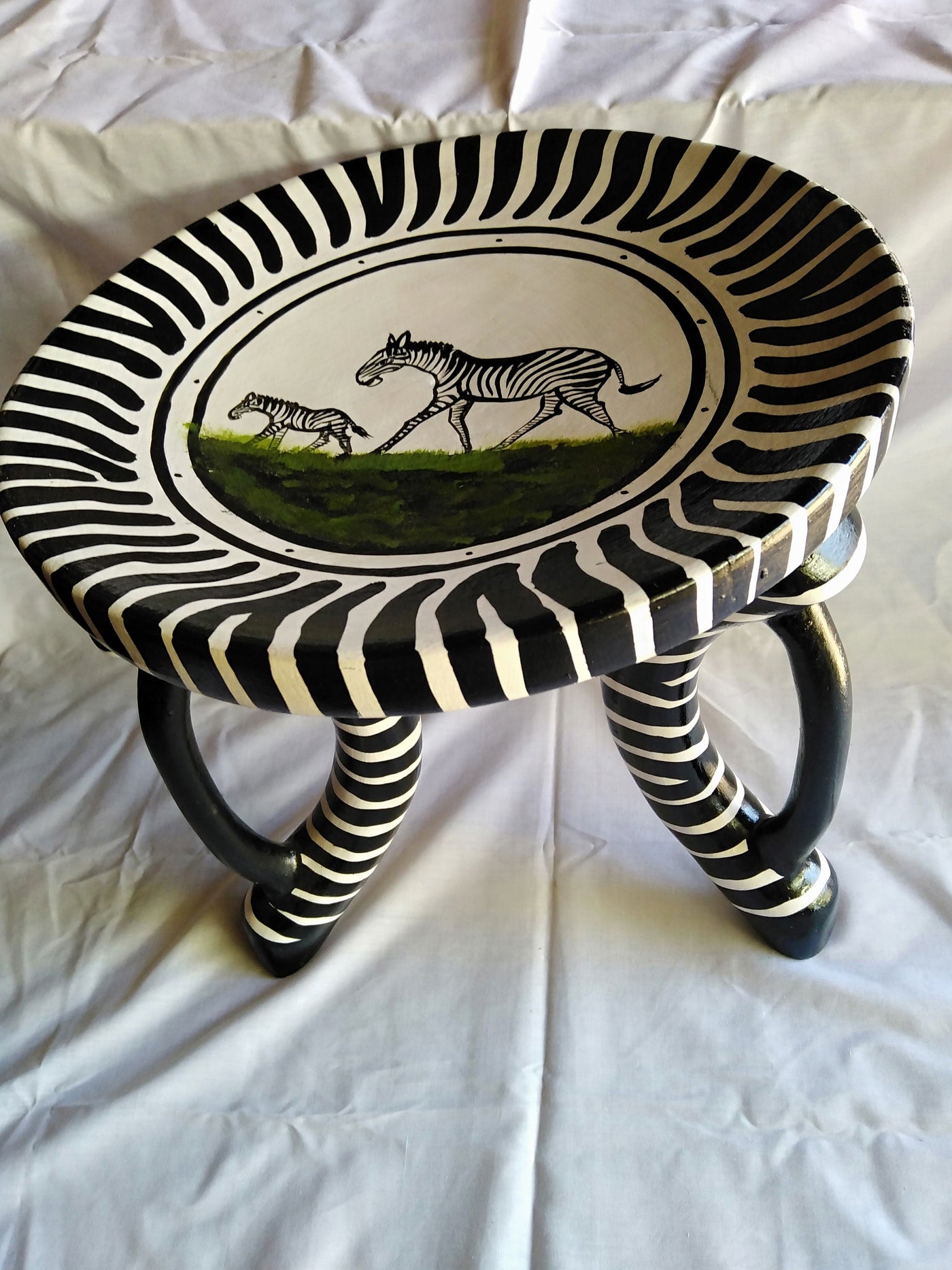 Authentic Beautifully Handcrafted African Personalised Zebra Themed Stool. Wooden wood Wildlife Stool. Three leg/Handle Home Decor Gift item