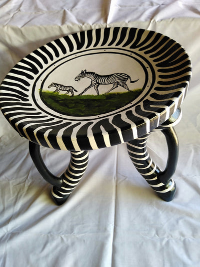 Authentic Beautifully Handcrafted African Personalised Zebra Themed Stool. Wooden wood Wildlife Stool. Three leg/Handle Home Decor Gift item