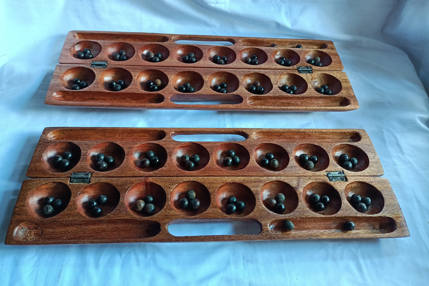 Handmade Mancala Board Game-Personalized.Dark-Brown  Hardwood BAO Game.Traditional Ajua Game.Hawalis Game of Oman.with Black Natural seeds