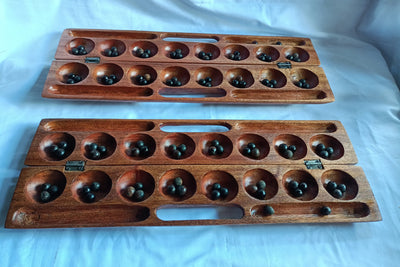 Handmade Mancala Board Game-Personalized.Dark-Brown  Hardwood BAO Game.Traditional Ajua Game.Hawalis Game of Oman.with Black Natural seeds