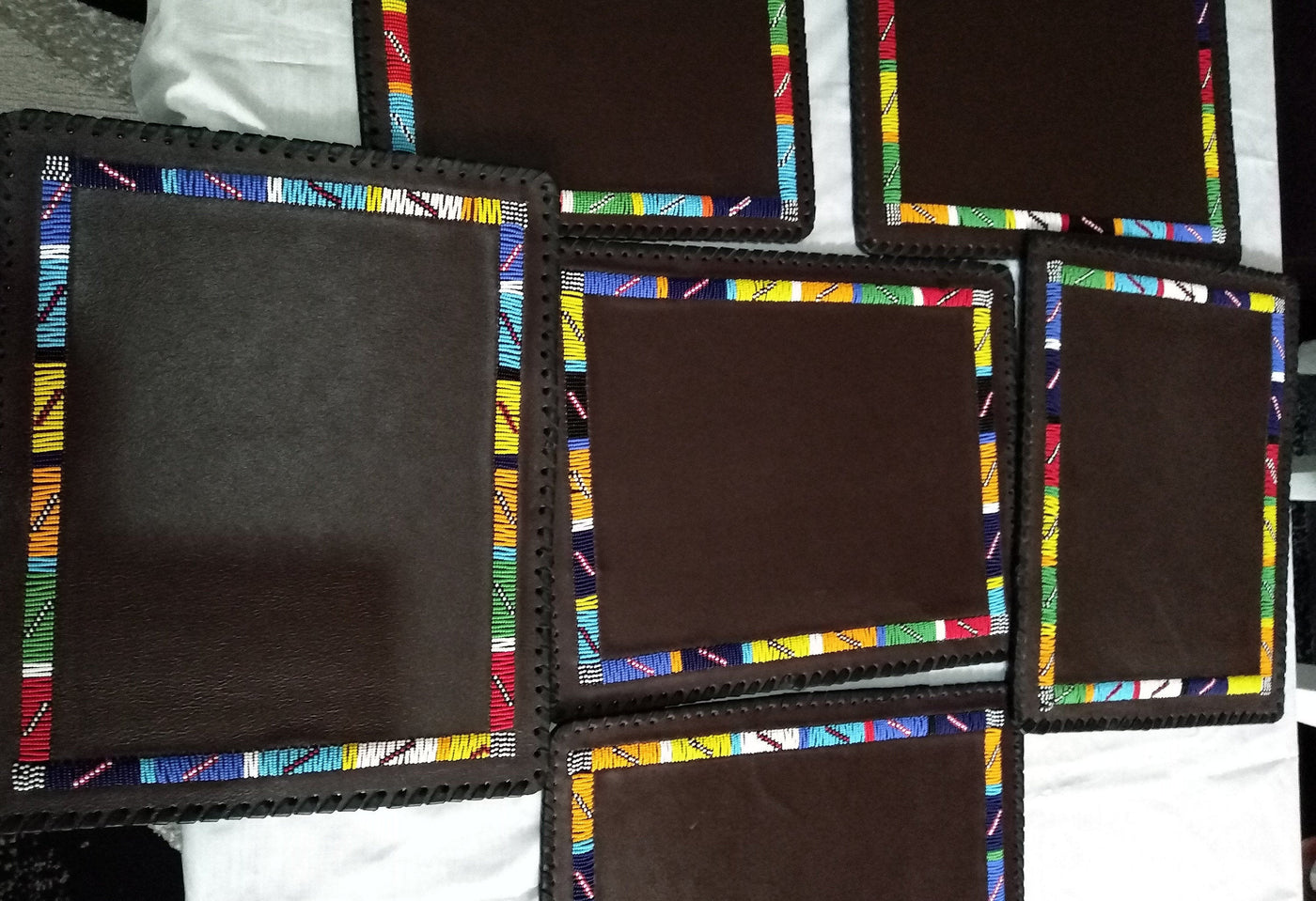 Unique Handmade Leather Beaded placematts set of 3 with a Free Random Gift. 3 Leather and Beads Table Matt's with a Free Personalised Gift.