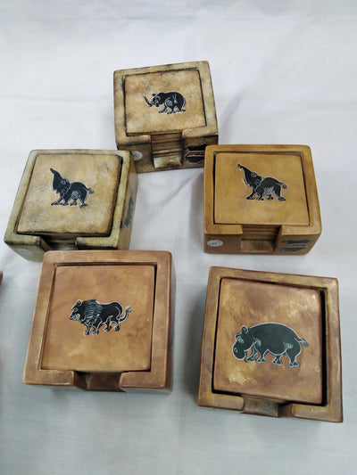 6 Soapstone Square  Coaster set with Holder. Drink Coasters. Engraved Coaster Set. Kenyan Flag Soapstone Coaster. Wildlife Animal Coasters.