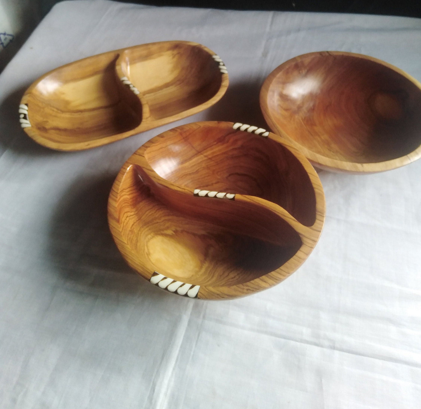 Wholesale.Handmade Olivewood and Borne inlay Split Bowls set of 3.Partitioned wood and Borne Candles Dough Display.Centerpiece Decor Bowls