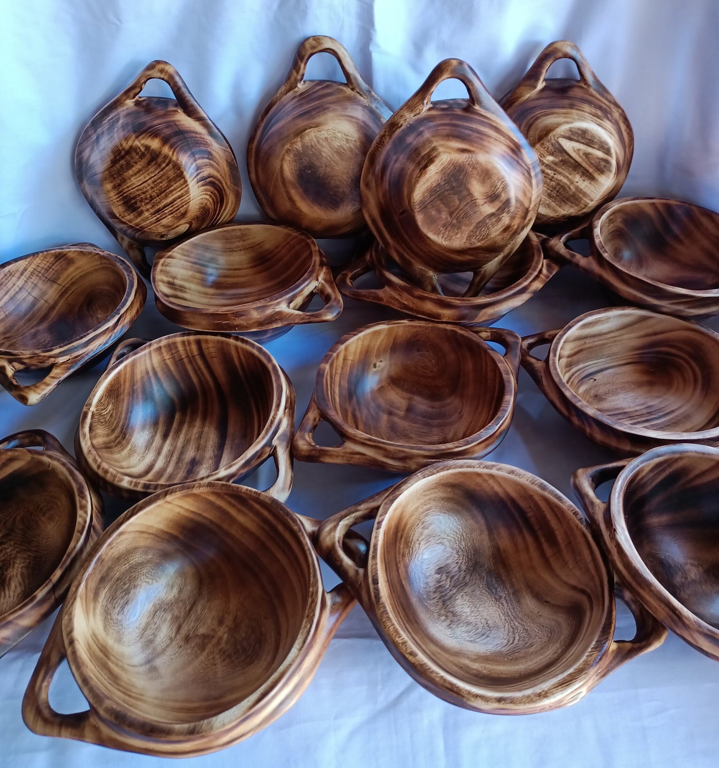 New .Double Handle Handmade wooden Ringed Rounded Dough Bowls set of 6.Farmhouse Decor stackable Customized Bowls.Free shipping worldwide.