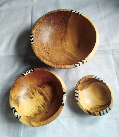 Olive Wood Wholesale Bowls with Inlaid Cow Bone. Artistic African set of 3 Bowls and free Matching wooden Cutlery. Salad/Serving/soup Bowl