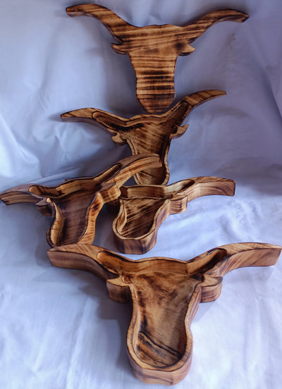Wholesale Availability:Handmade Bull Head Dough Bowls set of 4 Handcarved Longhorns Decor Display Event Bowls.Farmhouse.Cow head wall Decor