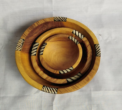 Wholesale Hand-carved Antique Large wooden Salad and Soup Bowl.Set of 3 Personalised inlaid Cow Bone Salad Serving Bowls and 2 Free spoons