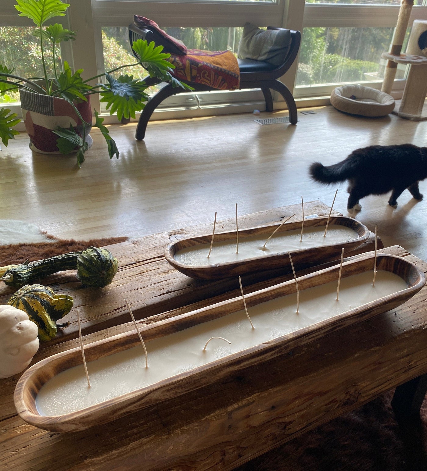 Large Extra long carved skinny wooden Dough Bowls set of 3. Trencher centerpiece Tray. 30×4-6"primitive Decor Bowls.The Special Candle Bowls