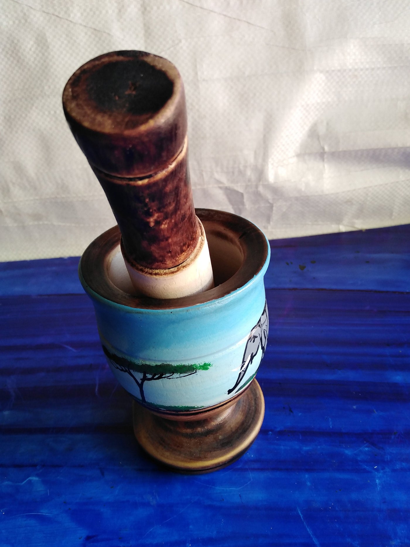 Wholesale Artistic Personalised and Painted Decorative Pestle and Mortar. Handmade African Solid wood  for Herbs and spices. Set of Four.