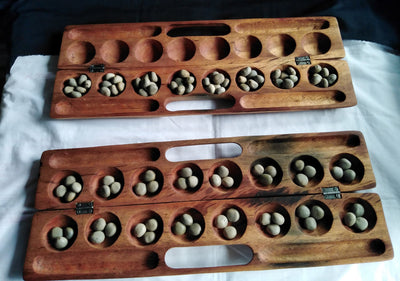 Antique Mancala Board Game. Vintage Bao Board Game. Traditional Bao Ajua Game.Hawalis Game of Oman. Omwes with Sago palm seed Balls/marbles