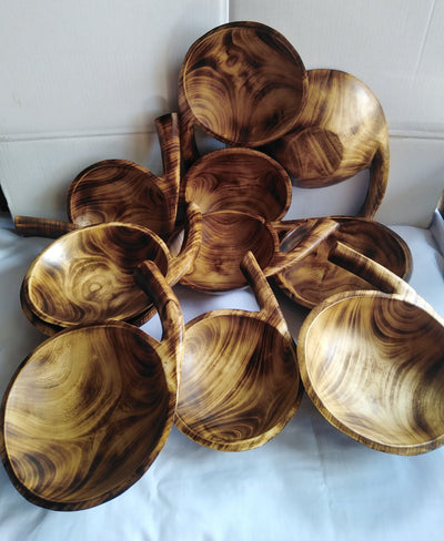 Wholesale. Personalised Unique Handcarved modern Calabash Dough Bowls  set of 10 with handles .Engraved Multipurpose wooden Decor Bowls .