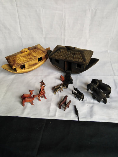 Handmade Wooden Noah's Ark  with a set of animals in twos. Noah's Ark Decor/center. Christmas Sunday Toy Gift
