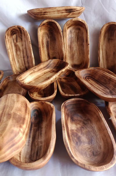 CLEARANCE SALE! Wholesale Availability.Handcarved Mix of 11*4" and  9*4" long oblong bowls set of 8.Candle pour wax Dough Bowls.Gift Decor