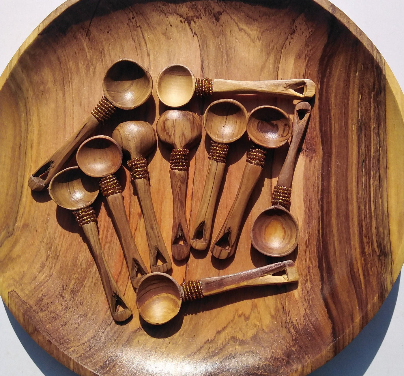 12 pieces of Olive wood with Brown Beads Spice, Salt and Sugar wooden spoons. A dozen Wood Condiments Spoons. Wholesale and Retail.
