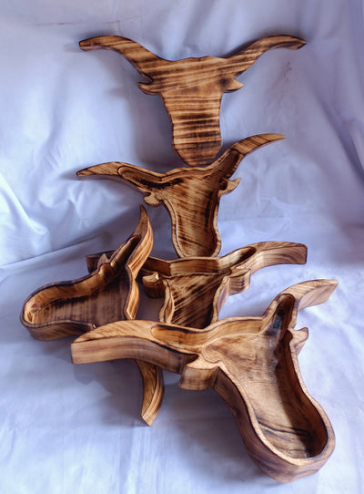 Wholesale Availability:Handmade Bull Head Dough Bowls set of 4 Handcarved Longhorns Decor Display Event Bowls.Farmhouse.Cow head wall Decor