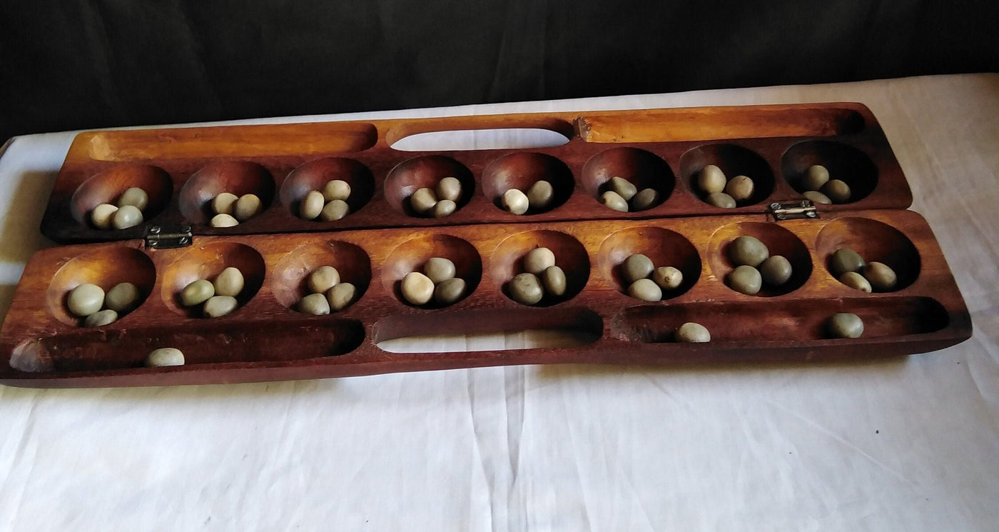 Handmade Mancala Board Game-Personalized.Dark Hardwood Bao Board Game.Traditional Ajua Game.Hawalis Game of Oman.with Sago palm seed/marbles
