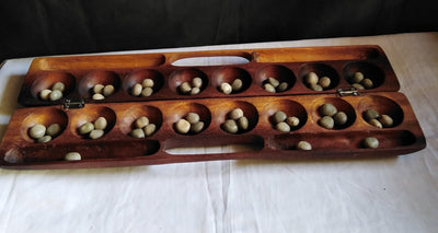 Handmade Mancala Board Game-Personalized.Dark Hardwood Bao Board Game.Traditional Ajua Game.Hawalis Game of Oman.with Sago palm seed/marbles