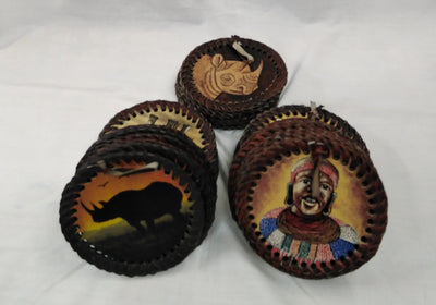 6 Leather Circle Coaster set with Holder. Drink Coasters. Engraved Coaster Set. The Big Five wildlife Leather Coaster Set.Gift Coasters