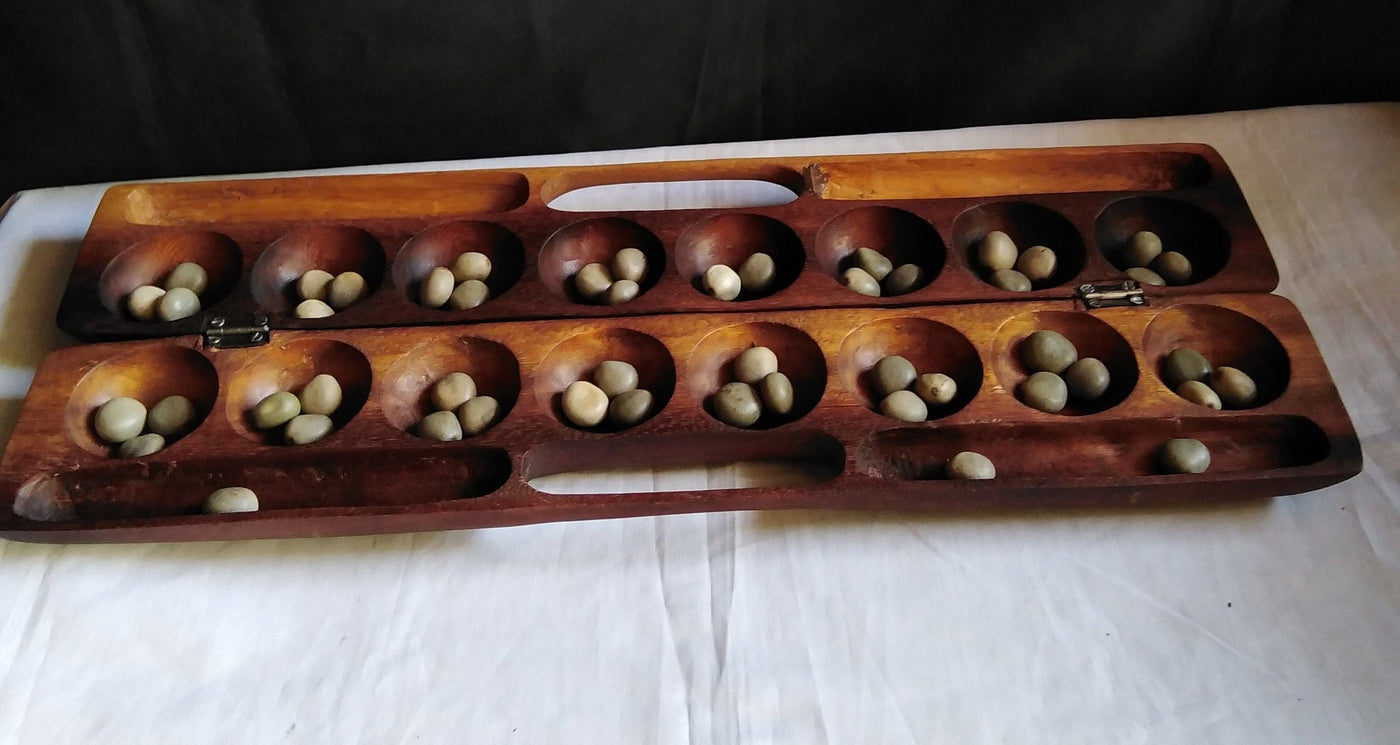 Handmade Mancala Board Game-Personalized.Dark Hardwood Bao Board Game.Traditional Ajua Game.Hawalis Game of Oman.with Sago palm seed/marbles