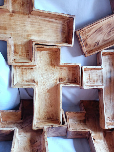 Wholesale Supply! Christian Cross Shaped wooden Dough Bowls lots of 4. Easter Gift Candle Ready  Bowls. Farmhouse Rustic Religious Decor
