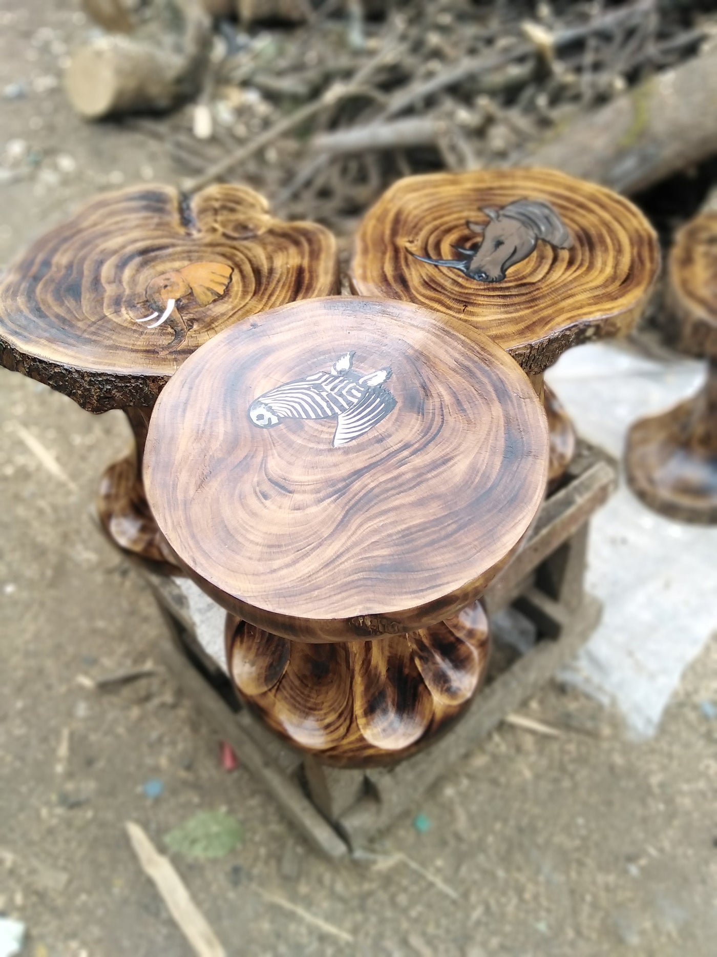 Antique wooden stump Table or Stool For Modern Homes,Outdoor or Indoor Crafts and Art work. Animal painted Table Christmas Gift.