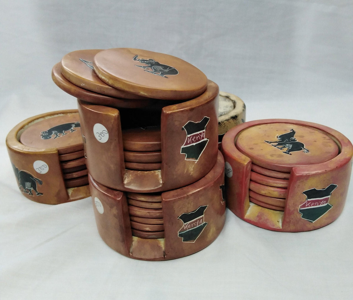 6 Soapstone Circle Coaster set with Holder. Drink Coasters. Engraved Coaster Set. Kenyan Flag Soapstone Coaster Set.Wildlife Lion Coasters.
