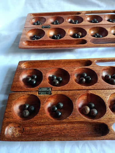 Handmade Mancala Board Game-Personalized.Dark-Brown  Hardwood BAO Game.Traditional Ajua Game.Hawalis Game of Oman.with Black Natural seeds
