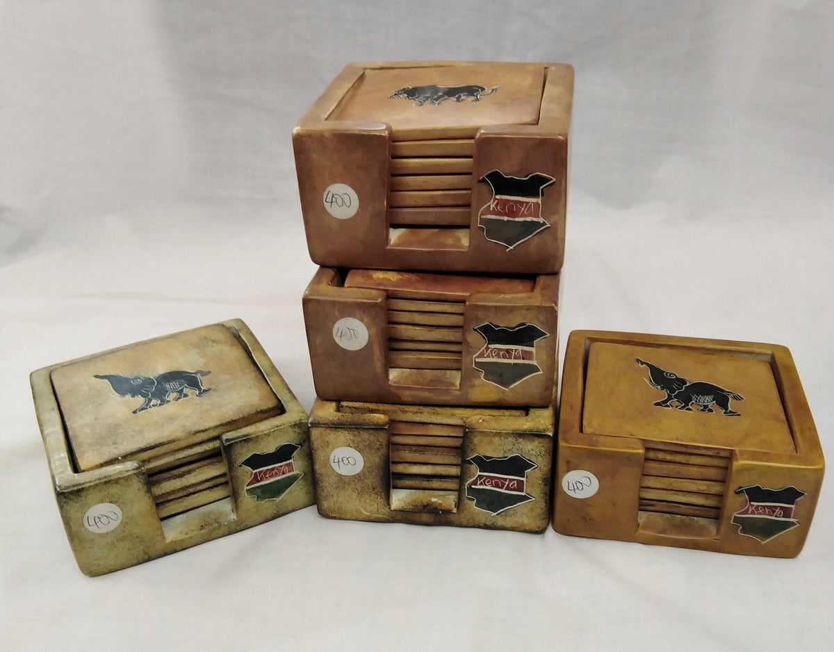 6 Soapstone Square  Coaster set with Holder. Drink Coasters. Engraved Coaster Set. Kenyan Flag Soapstone Coaster. Wildlife Animal Coasters.