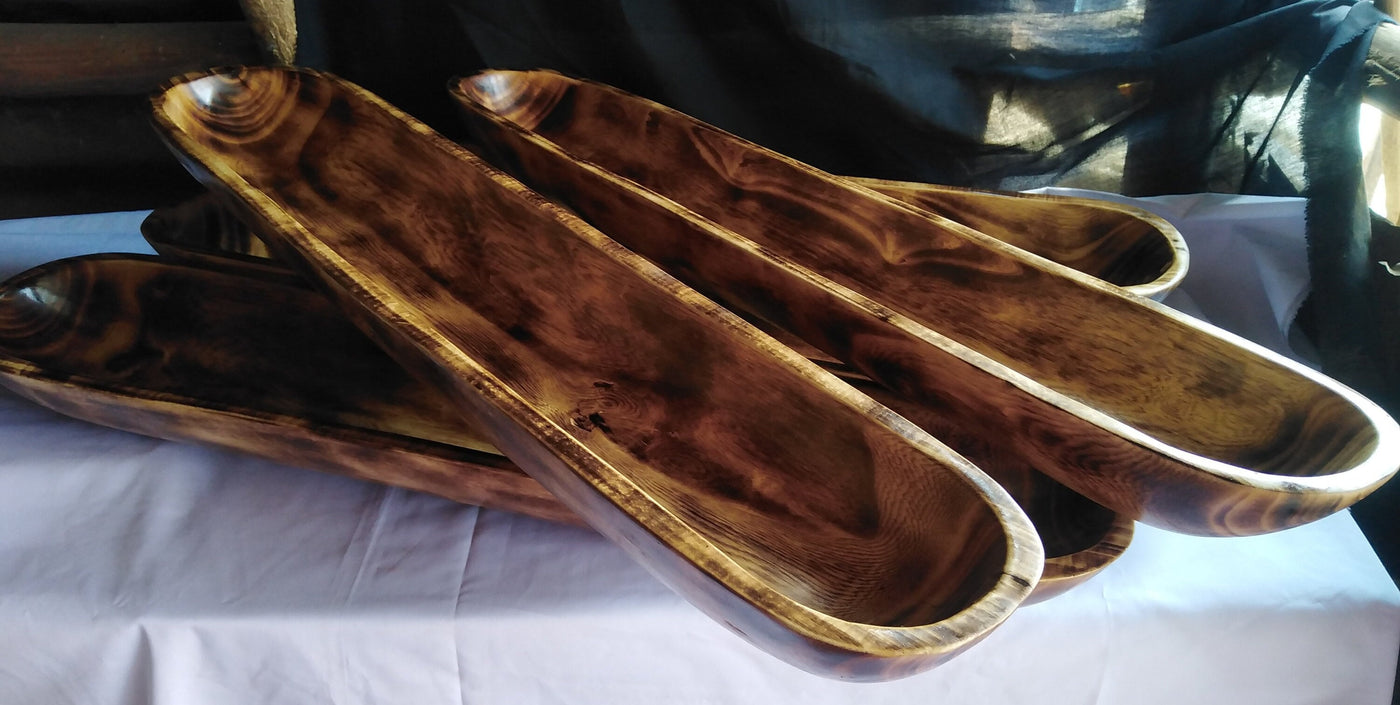 Large Extra long carved skinny wooden Dough Bowls set of 3. Trencher centerpiece Tray. 30×4-6"primitive Decor Bowls.The Special Candle Bowls