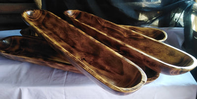 Large Extra long carved skinny wooden Dough Bowls set of 3. Trencher centerpiece Tray. 30×4-6"primitive Decor Bowls.The Special Candle Bowls