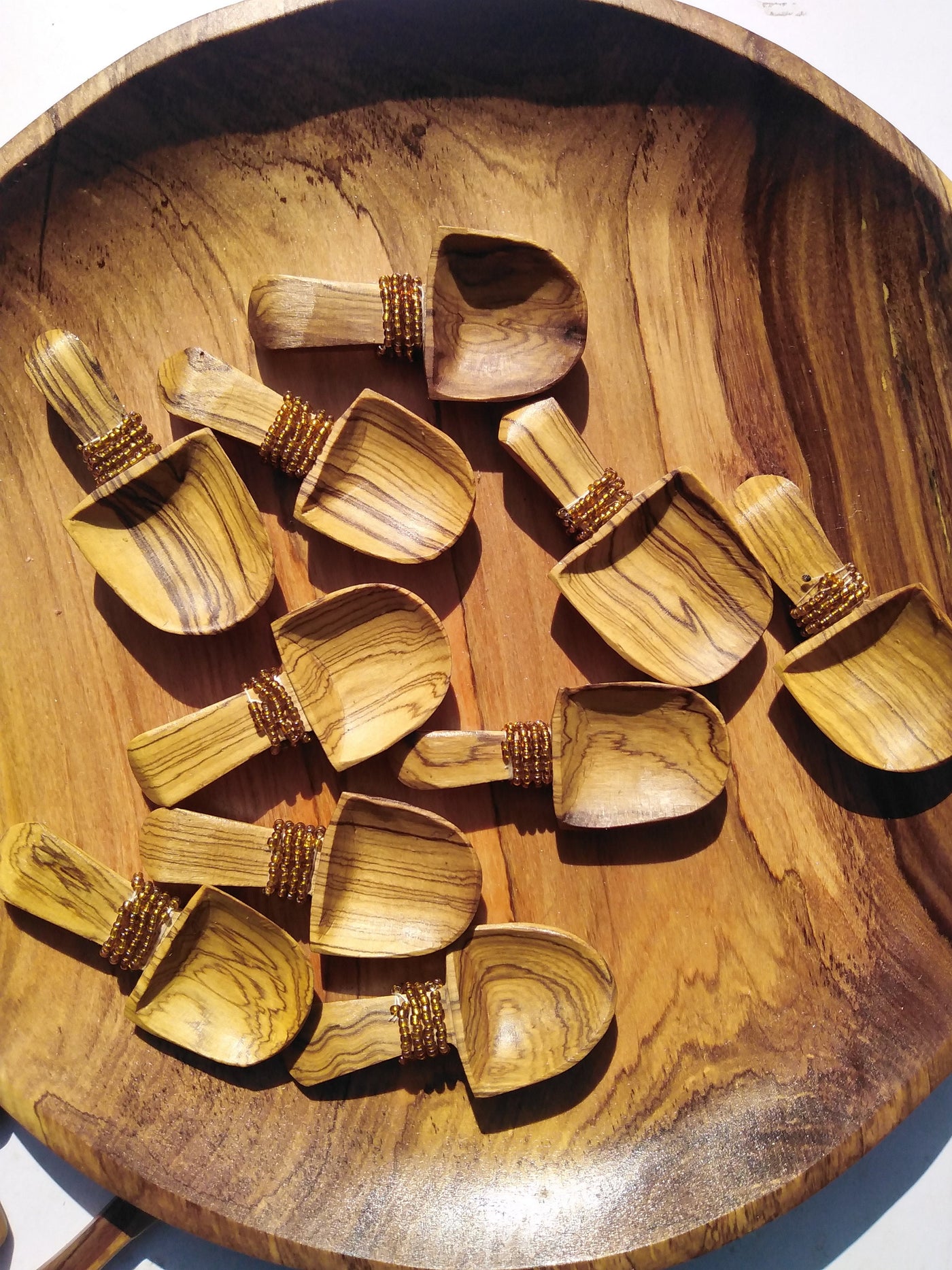 A Dozen Olive Wood and Brown Beads Spice, Sugar and Salt Spoons. Beaded wooden Condiments Spoons 12 pieces .wholesale Gifts Item