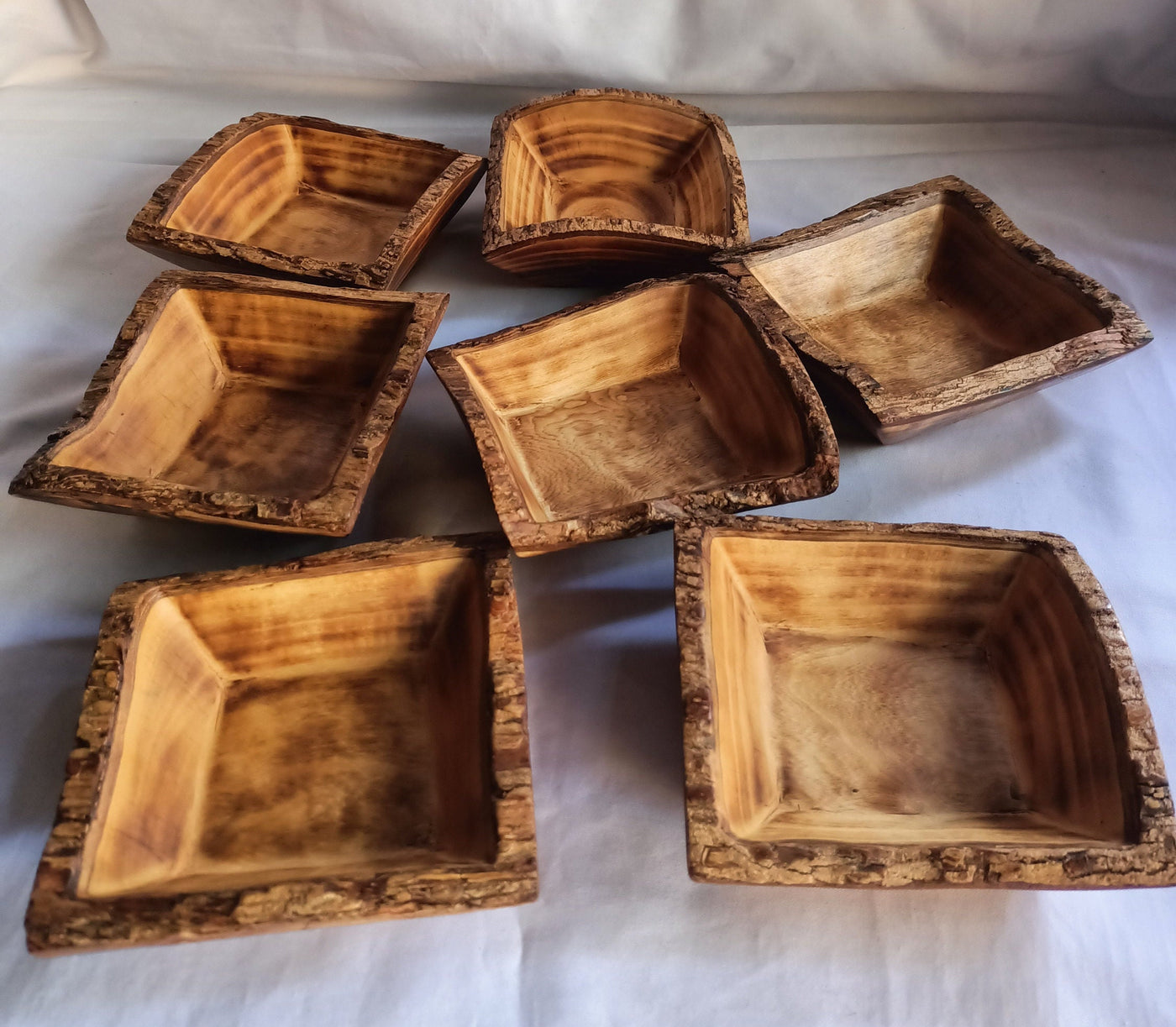 ON SALE !New Bowl Alert! Unique  Handmade 5" square wooden Petite Bowls With Bark set of 10.Wax Dough Bowls.Gift items.Farmhouse Decor