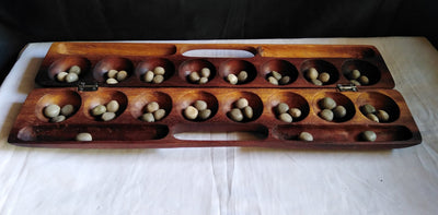 Handmade Mancala Board Game-Personalized.Dark Hardwood Bao Board Game.Traditional Ajua Game.Hawalis Game of Oman.with Sago palm seed/marbles