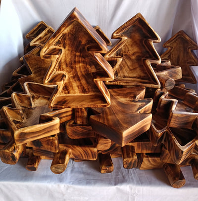 Bulk Sale!Medium Christmas Tree-Natural stained wood 10"long 1.5"Ht Hand carved Dough Bowls set of 5.DIY Candle making kit Decor season Bowl