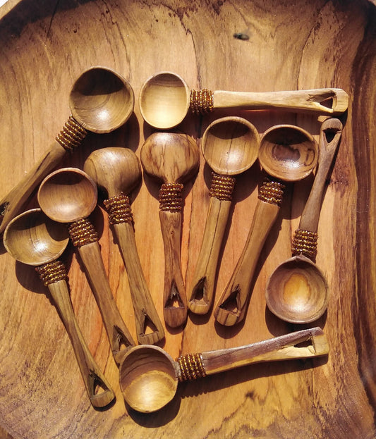 12 pieces of Olive wood with Brown Beads Spice, Salt and Sugar wooden spoons. A dozen Wood Condiments Spoons. Wholesale and Retail.