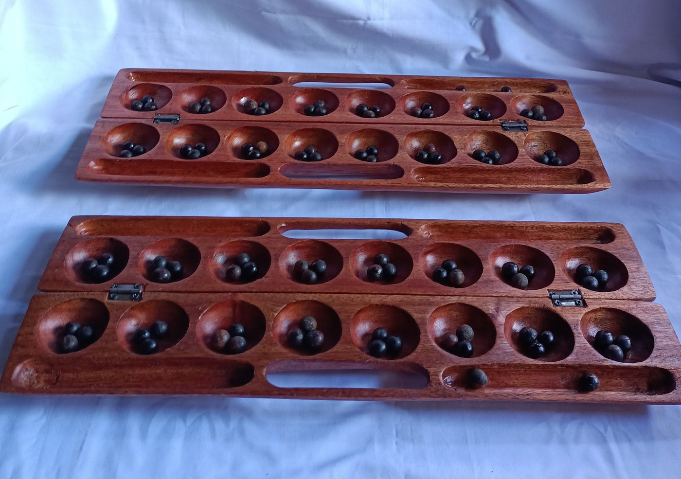 Handmade Mancala Board Game-Personalized.Dark-Brown  Hardwood BAO Game.Traditional Ajua Game.Hawalis Game of Oman.with Black Natural seeds